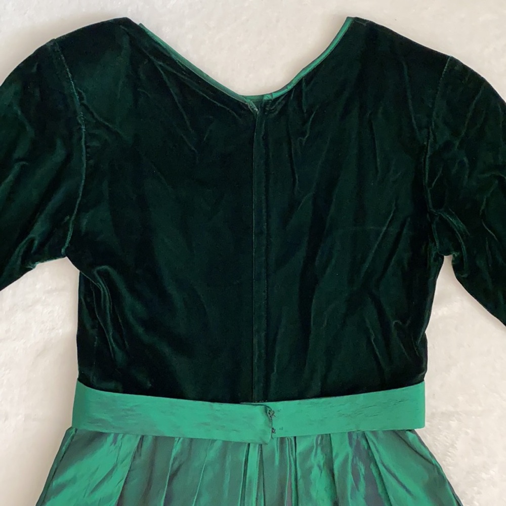 {VTG} Lanz Originals | Velvet Satin Bow Belt Long Sleeve Midi Dress Emerald (8) - Picture 9 of 16